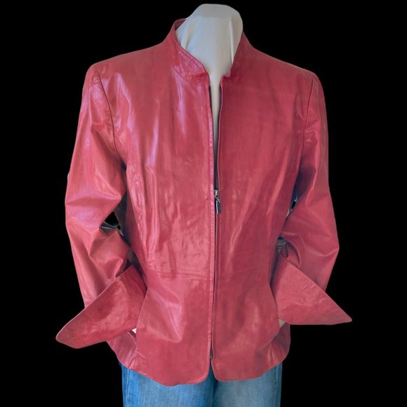 Pamela McCoy Genuine Red Leather Jacket L Front Zip Stand Collar Turn Back Cuffs - Picture 1 of 17